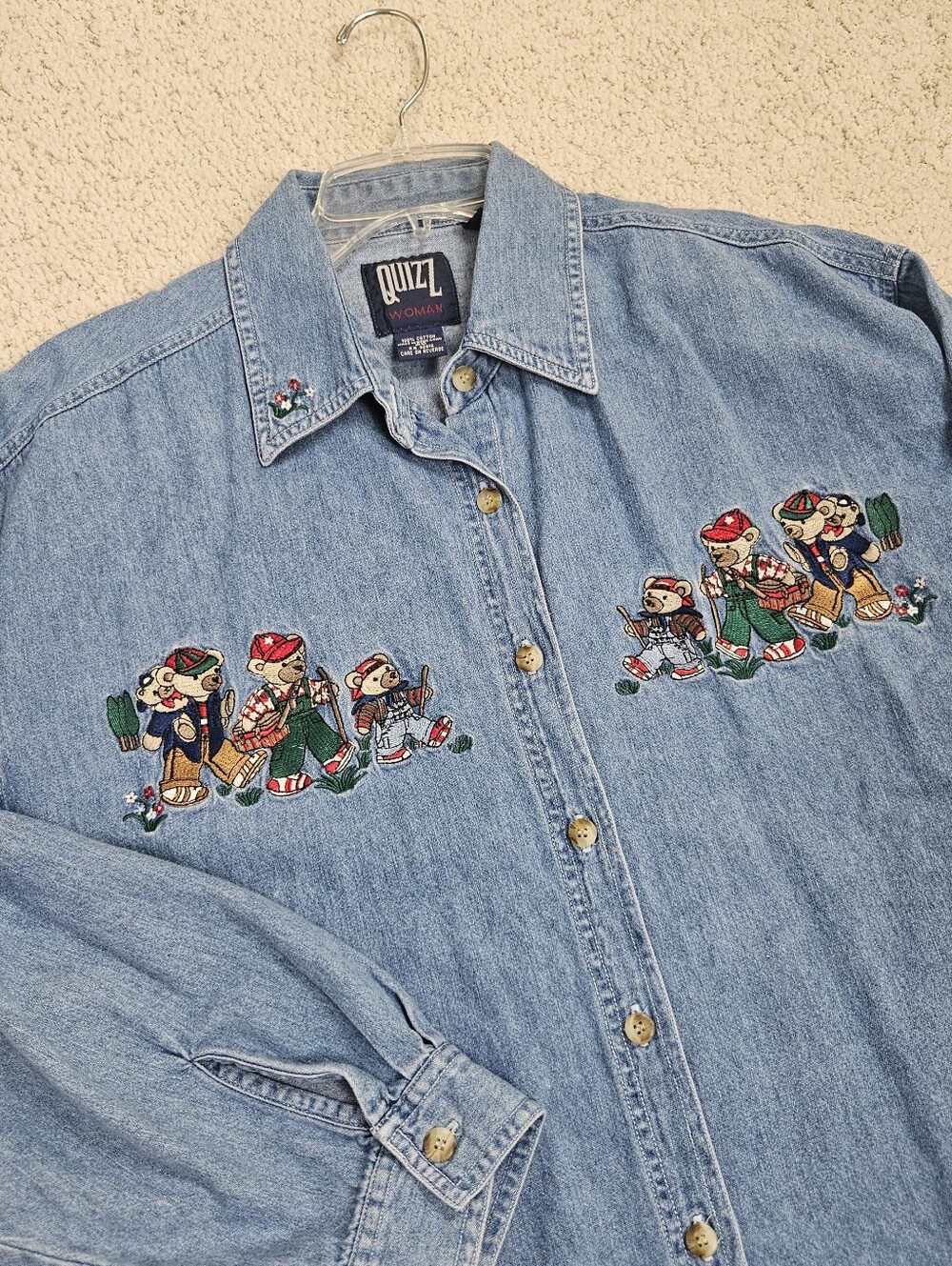 Vintage Denim Shirt Teddy Bear Embroidered Button Up Womens 20 Long Sleeve